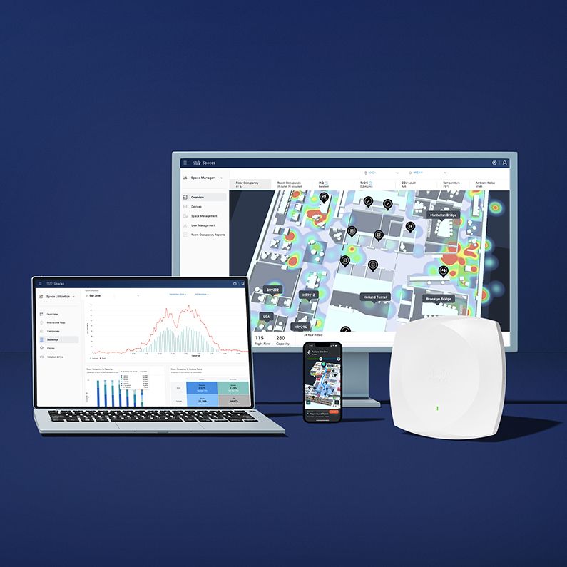 Cisco Wi-Fi 7 access point with laptop, mobile, and Cisco Spaces experiences